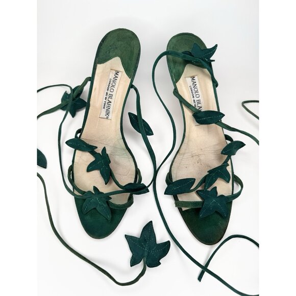 Vintage Manolo Blahnik Size 39 Kitten Heels Ivy Leaf Green Suede - Picture 3 of 12